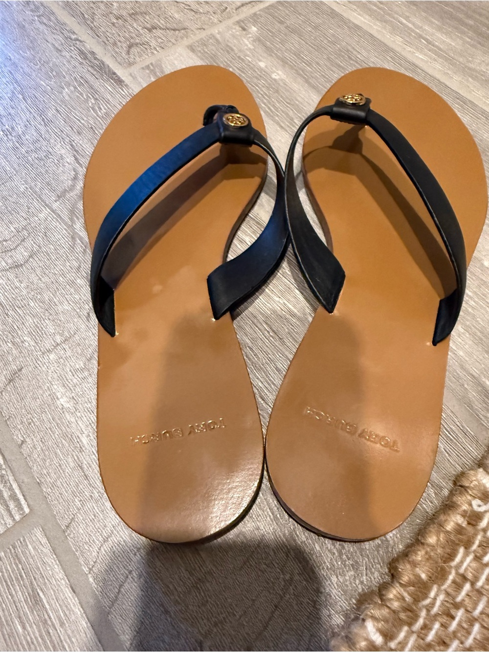 Tory Burch Black Strap Tan Footbed Logo Thong Sandals